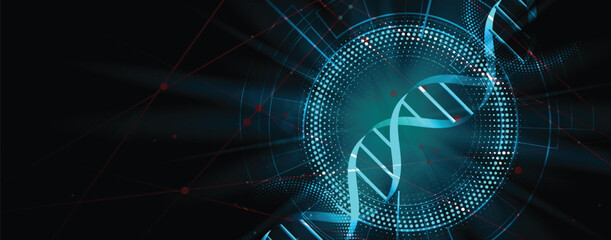 Abstract medical or science hexagons background, DNA strands, connected neural web