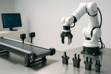 Robotic arm with interchangeable grippers on metal table near conveyor and computer screen in futuristic science lab workspace background concept. Ai generative