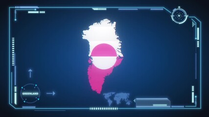 Futuristic Digital Greenland map HUD animation, global network cyber technology, government, Country Map, Politics, Travel, News, and Sports Events - Powered by Adobe