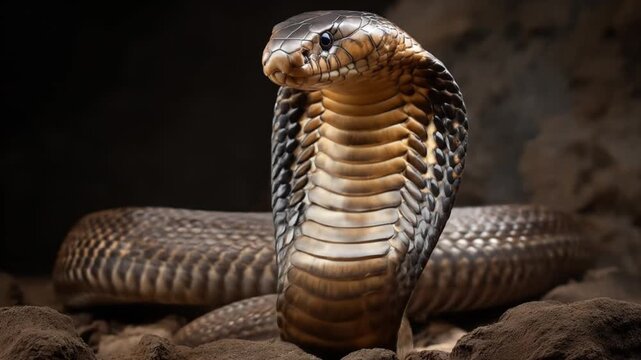 A cobra raises its hood, coiled on rough earth, alert and formidable beneath shadowed rocks at dusk