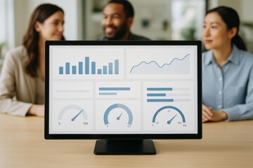 Business team discussing data analytics with dashboard graphs on computer screen in office setting with bright background light and concept focus. Ai generative