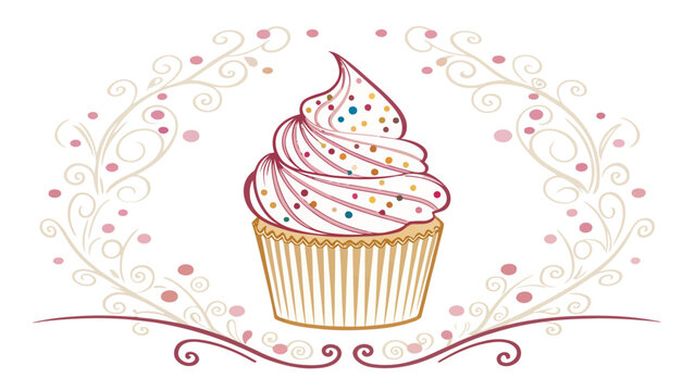 Delightful cupcake illustration with colorful sprinkles and decorative swirls is perfect for bakery promotions or sweet treat themed projects - Powered by Adobe