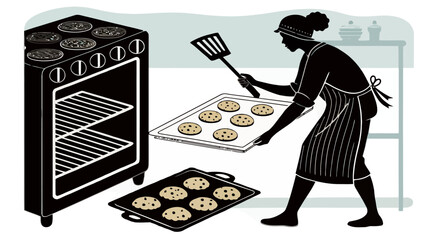 Baking fresh cookies at home with love in kitchen, woman enjoying homemade dessert, cooking treats, sweet aroma, warm chocolate chip cookies, vector art