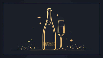 Elegant champagne bottle and glass illustration sparkles with celebration, perfect for New Year's Eve, anniversaries, or glamorous party invitations