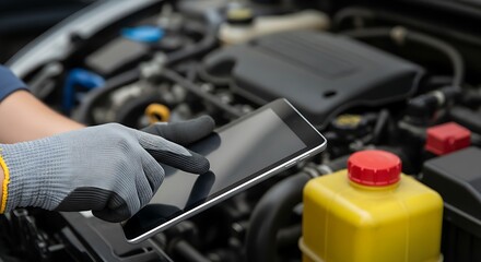 Mechanic using tablet with car engine and yellow fluid container