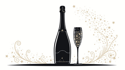 Elegant champagne bottle and glass with sparkling stars for New Year's Eve celebrations and festive occasions, perfect for invitations and announcements
