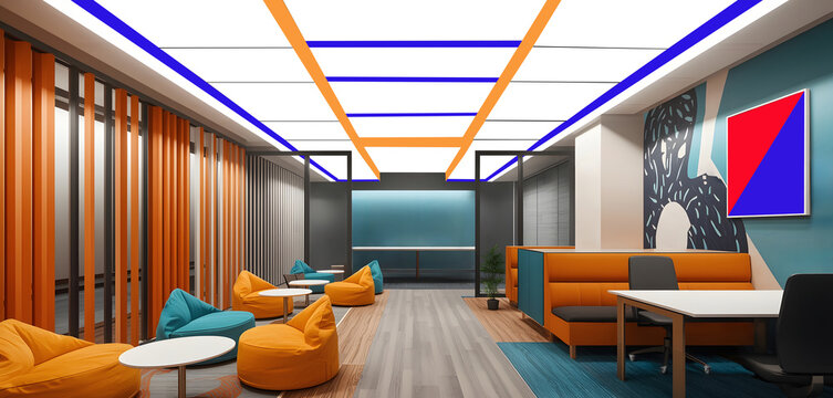 Vibrant Modern Coworking Lounge Interior with Colorful Seating and Creative Design Elements - Powered by Adobe