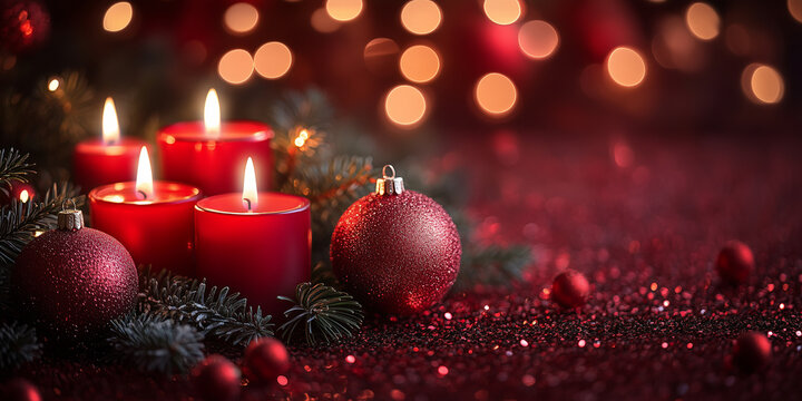 Four Christmas candles and spruce tree decoration, red glitter bokeh background. Merry Christmas festive card. Noel. Winter holiday festive celebration theme. Happy New Year. Advent. - Powered by Adobe