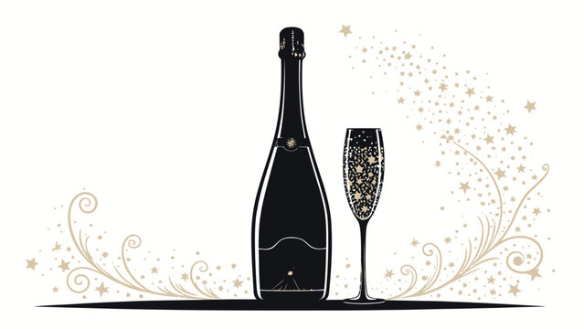 Elegant champagne bottle and glass with sparkling stars for New Year's Eve celebrations and festive occasions, perfect for invitations and announcements - Powered by Adobe
