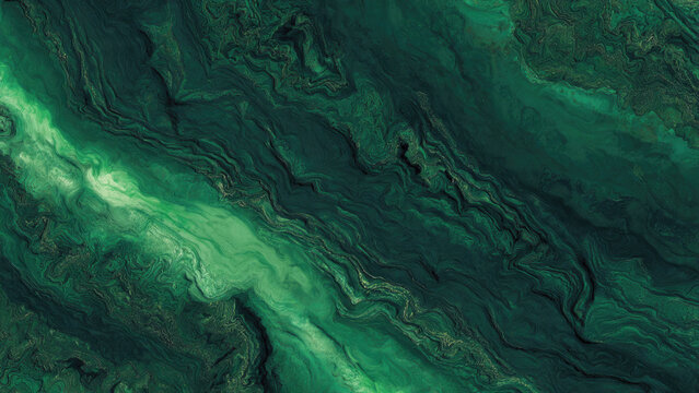 Luxurious emerald green abstract background featuring intricate, swirling patterns and lighter malachite-like veins, evoking natural stone textures.