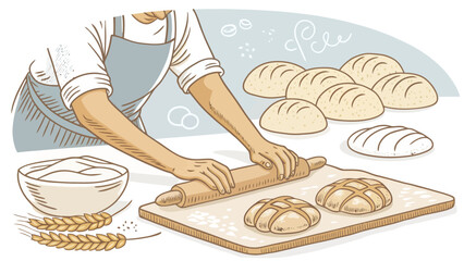 Artisanal bread baking preparation with flour and dough, capturing the essence of homemade goodness in a modern, hand-drawn style illustration