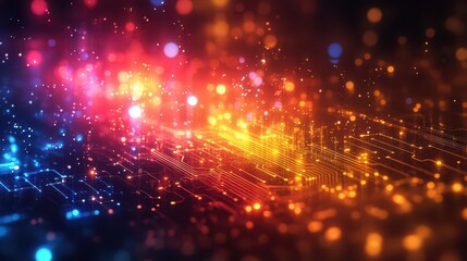 Obraz premium Abstract circuit board with vibrant glowing lights and bokeh.