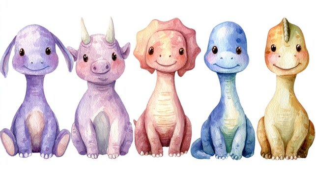 Watercolor illustration of friendly dinosaurs in a row smiling and looking forward