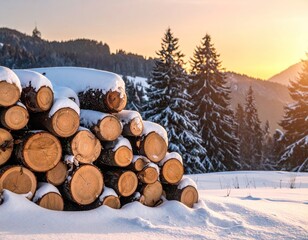 Winter Sunset Landscape with Stack of Wooden Logs