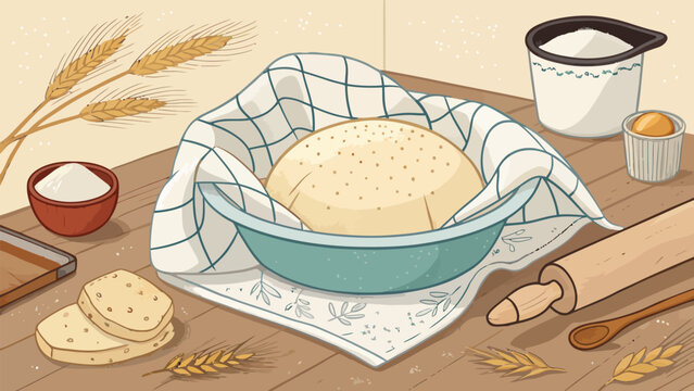 Homemade bread dough rising, a rustic bakery scene with flour, rolling pin, and wheat stalks creating a warm, inviting atmosphere for baking enthusiasts
