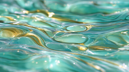 Glassy liquid background with irregular water-on-glass texture, soft blue-green to gold light refractions &mdash; high-detail abstract render