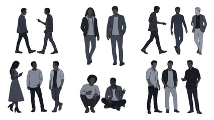 Diverse group of people in different poses standing and sitting