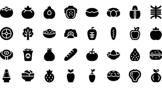 Diverse collection of simple black silhouette icons representing various fruits, vegetables, food items and healthy diet Vector