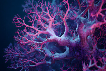 futuristic coral structures glowing hot pink against deep blue ocean shadows creating a surreal bioluminescent reef
