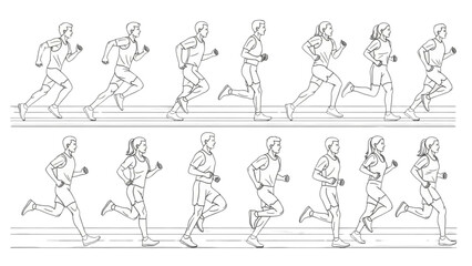 Character animation frames showing a male and female run cycle sequence from the side view