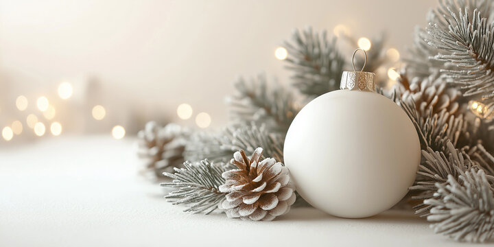 Christmas white decoration ball and spruce tree close up, bokeh lights background. Merry Christmas and Happy Holidays greeting card, frame, banner. New Year. Noel. Winter festive xmas theme. - Powered by Adobe