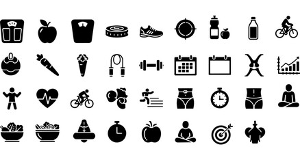 Health and fitness lifestyle icon set depicting diet, exercise, wellness, and body goals for active living design Vector