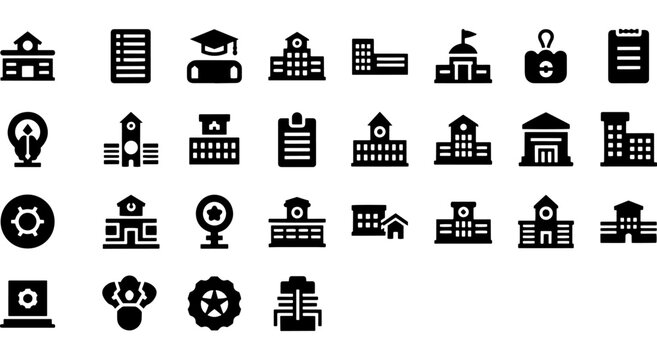 Educational institutions, administrative buildings, and learning concept vector icons collection for web, app, and print design Vector