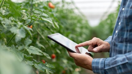 Photorealistic image of a diverse agronomist using a tablet to study drone-captured heatmaps of tomato crops, with sharp screen focus and blurred greenhouse background.