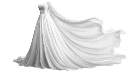 Elegant white wedding dress flowing gracefully, isolated on transparent background, showcasing a timeless design and ethereal beauty for a memorable bridal moment