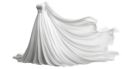 Elegant white wedding dress flowing gracefully, isolated on transparent background, showcasing a timeless design and ethereal beauty for a memorable bridal moment