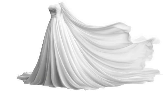 Elegant white wedding dress flowing gracefully, isolated on transparent background, showcasing a timeless design and ethereal beauty for a memorable bridal moment