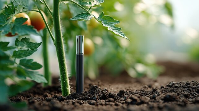 Photorealistic close-up of a soil sensor inserted near tomato stems in moist greenhouse soil, with detailed granules and clean daylight for tech-agriculture use.
- Powered by Adobe