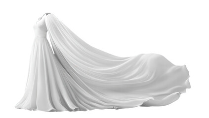 Flowing white wedding dress with a long train, isolated on transparent background, capturing the essence of bridal elegance and timeless romance for a perfect day