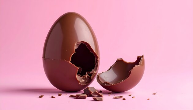 Cracked Chocolate Easter Egg on Pink Background.