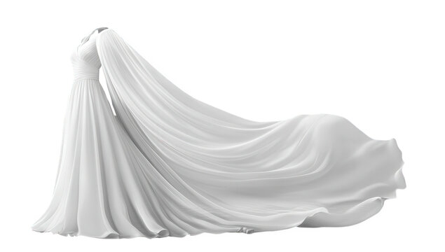 Flowing white wedding dress with a long train, isolated on transparent background, capturing the essence of bridal elegance and timeless romance for a perfect day
