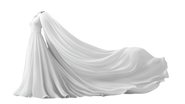 Flowing white wedding dress with a long train, isolated on transparent background, capturing the essence of bridal elegance and timeless romance for a perfect day