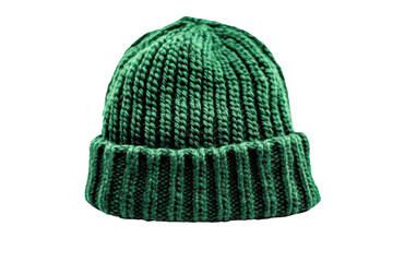 Green knitted winter beanie hat isolated on transparent background. Green knitted beanie hat displayed isolated on white background.