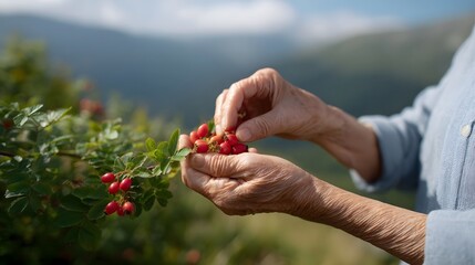 Close up of elderly hands picking ripe red rose hips outdoors