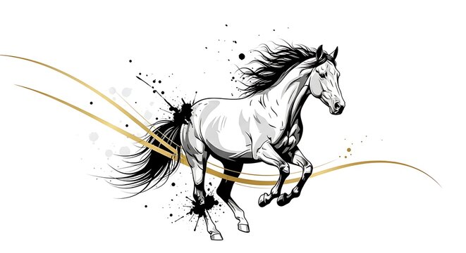 A dynamic illustration of a galloping horse with a flowing mane and tail, depicted in a stylized and artistic manner with splashes of color
