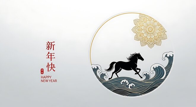 Chinese new year illustration with a horse running through waves and flowers in a circular design
