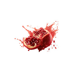 Sliced pomegranate with juice splashes in the air on red background, fresh vibrant fruit, healthy antioxidant-rich food isolated on white background