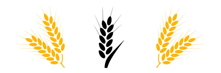 Stylized wheat grain stalks icon set featuring two golden yellow and one bold black ear of wheat representing agriculture, harvest, and food production
