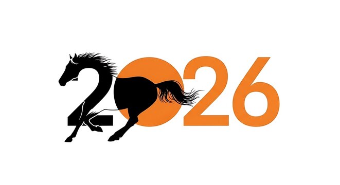 2026 logo featuring a stylized horse head with flowing mane and tail in black, combined with the year 2026 in orange