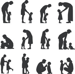 Adult and child silhouettes, parenting icons, emotional gestures, care interaction, family bonding, communication, nurturing, vector design, black, posture