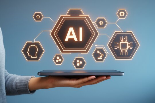Futuristic AI technology interface with glowing icons above a tablet held by hand on blue background, symbolizing digital innovation concept.