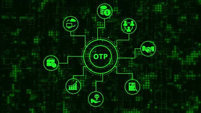 Onetime password otp concept with interconnected icons for digital security, online transactions, data protection, and global network authentication on a tech background