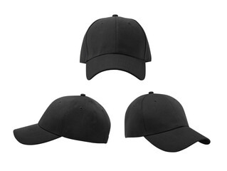 Three black baseball caps shown in front and side views on a white background.