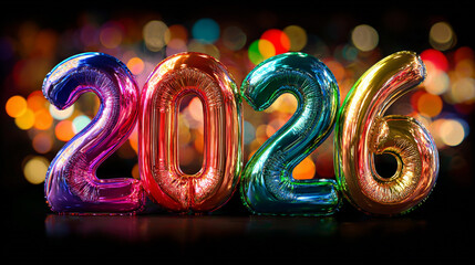 Happy New Year 2026 banner. Holiday season rainbow colored balloons on confetti bokeh colorful background. Horizontal frame