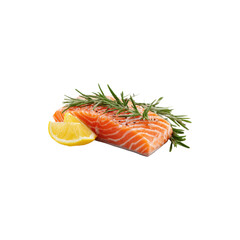 Fresh slice of salmon with branch of rosemary and lemon closeup culinary food ingredient gourmet seafood meal isolated on white background
