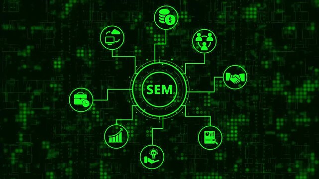 Search engine marketing sem concept with interconnected icons representing various digital advertising, business, and online strategy elements on a futuristic green background